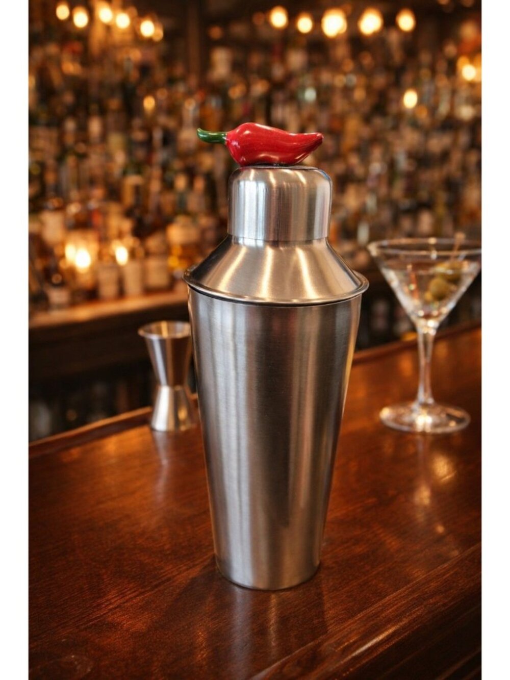 New Silver Metal Bar Cocktail Shaker Martini Shaker W/ Hot Chili Pepper On Top